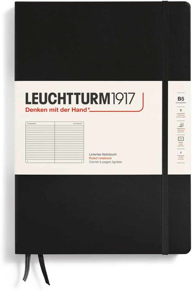 LEUCHTTURM1917 - Notebook Hardcover Composition B5-219 Numbered Pages for Writing and Journaling (Black, Ruled)
