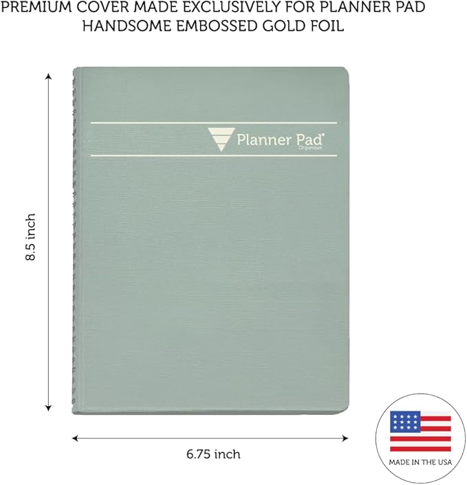 Planner Pad Spiral Bound January-December 2026/ Calendar Year 6 3/4" x 8 1/2" Medium 3-Tier Funnel Down 12 Month Organizer, Greenish Grey Cover/Soft Green Ink