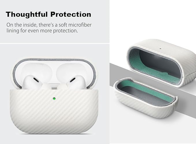 Leather Case - for AirPods Pro 2 Case Cover - Selected Skin-Friendly Leather, with Carbon Fibre Texture, Handmade Drop Protective Hard Cover for AirPods Pro 2nd Generation Earbuds - White