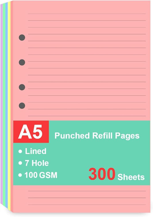 (3 Pack)7-Hole Lined Refills Paper, A5 Filler Paper for Planner Inserts, A5 Loose Leaf Paper, 5 Colors(60 Sheets/C), Total 300 Sheets/600 Pages, College Ruled, 5.5 X 8.5 Inch
