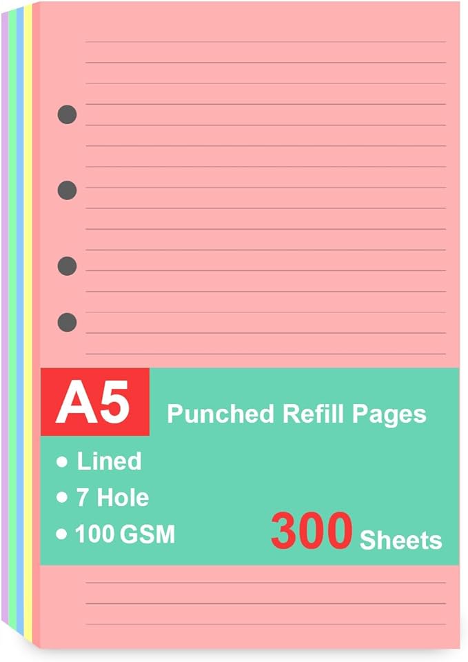 (3 Pack)7-Hole Lined Refills Paper, A5 Filler Paper for Planner Inserts, A5 Loose Leaf Paper, 5 Colors(60 Sheets/C), Total 300 Sheets/600 Pages, College Ruled, 5.5 X 8.5 Inch