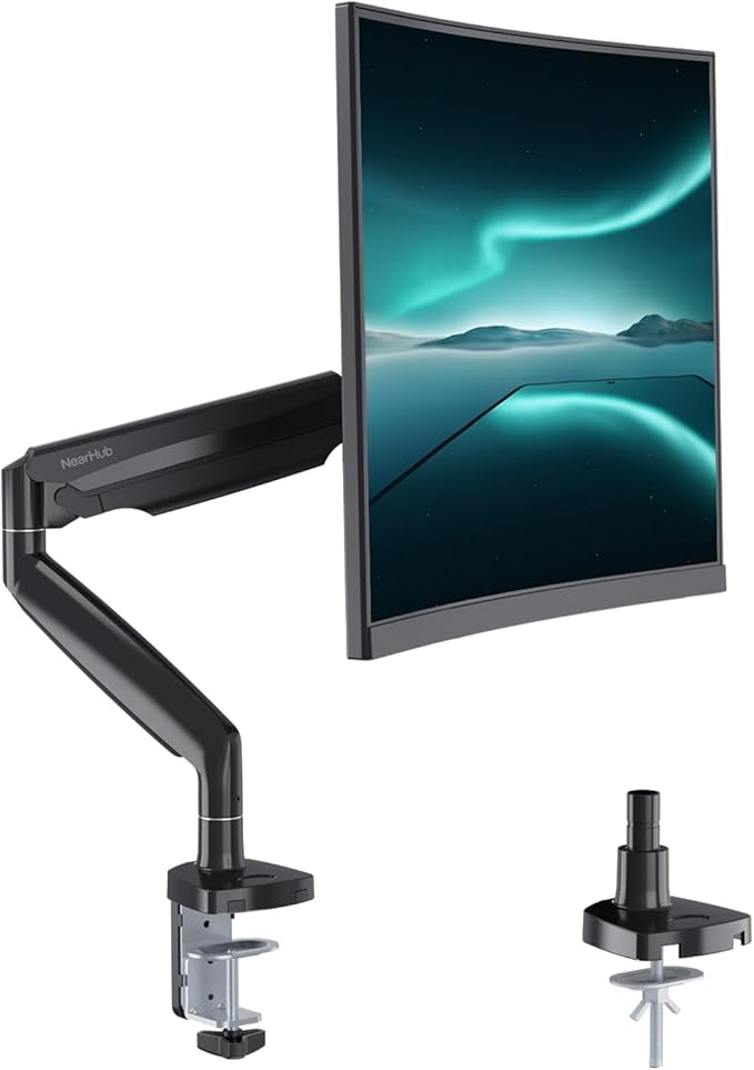 Curved Monitor Mount Single Arm Holds to 28.6 lbs, Ultrawide Monitor Stand for 35" Screens, C-Clamp & Grommet Base, +90° to-45° Tilt,180°Swivel,360° Rotation,VESA 75x75 or 100x100mm,for Curved/Flat