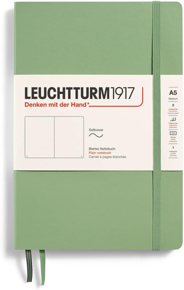 LEUCHTTURM1917 - Notebook Softcover Medium A5-123 Numbered Pages for Writing and Journaling (Plain, Sage)