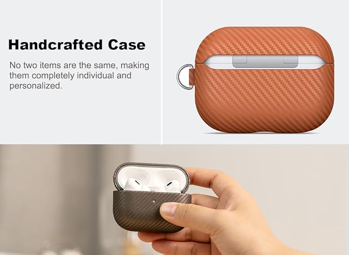 Leather Case - for AirPods Pro 2 Case Cover with Keychain - Selected Skin-friendly Leather, Carbon Fibre Texture, Handmade Shockproof Hard Cover for AirPods Pro 2nd Generation Earbuds - Brown