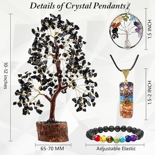 Black Tourmaline Crystal Tree of Life Handmade Gemstone Bonsai, Feng Shui Money Tree for Home Office Desk Decor, Positive Energy, Protection, Reiki Healing, Spiritual Birthday Gifts for Women Mom