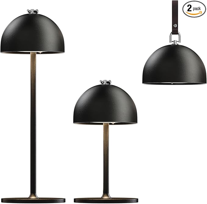 Rechargeable Table Lamp,8-75 Hours Battery Operated Lamp,2-Pack Black Cordless Lamp,Waterproof,Magnetic,Stepless Dimming,Adjustable Height,for Outdoor,Nightstand,Restaurant,Dinner,Camping