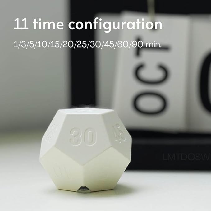 Mini 12 Sided Cube Timer, 11 Preset Times Pomodoro Timer for Enhanced Productivity. Ideal for ADHD Management, Workout, Study & Kitchen Cooking. Easy to Use(White)