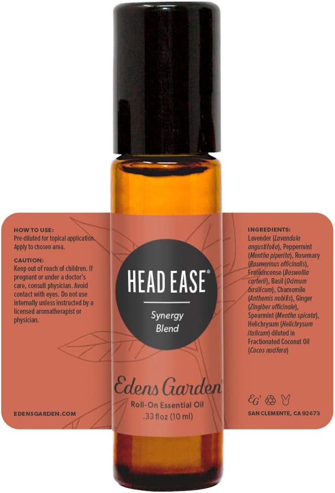 Edens Garden Head Ease Essential Oil Roll-On Blend- 100% Pure Premium Grade, Natural, Therapeutic, Aromatherapy, Kid & Skin Safe, The Best for Wellness, Tension Pre-Diluted 10 ml (.33 fl oz)