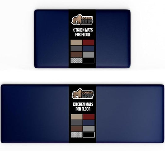 GORILLA GRIP 2 Pack Comfortable Cushioned Kitchen Mats for Floor, 17x24 + 17x48, Waterproof and Stain Resistant, 1/2 Inch Thick Soft Ergonomic Standing Desk Anti Fatigue Mat, Foam Supports Feet, Navy