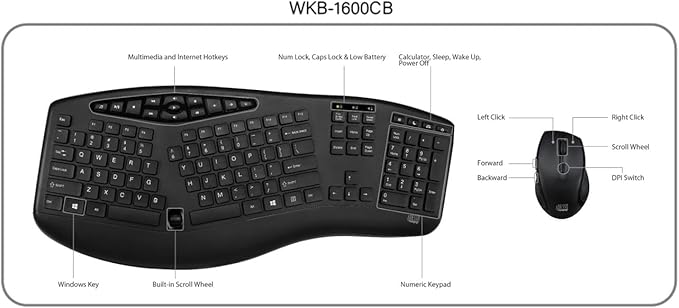 Adesso WKB-1600CB TruForm Media Wireless Ergonomic Keyboard & Optical Mouse Combo with 24 GHz RF Technology, Split Design, Adjustable DPI, and Multimedia Hotkeys