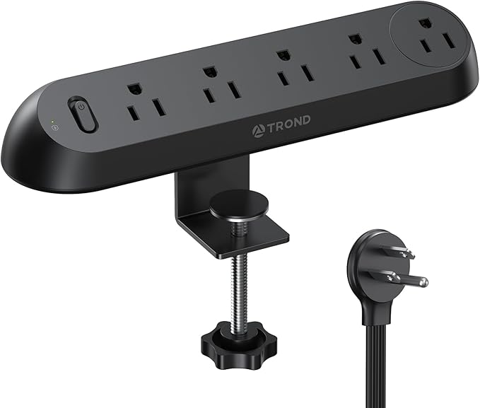 TROND Desk Clamp Power Strip - Surge Protector Power Strip with 5 AC Outlets, Flat Plug 6ft Extension Cord, 1700J, ETL Listed, Fits 1.97 inch Tabletop Edge, for Home Office Desk Accessories, Black