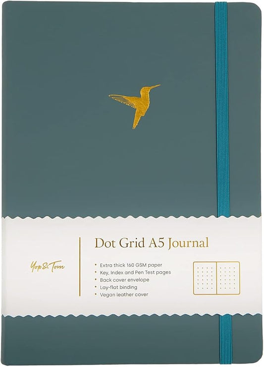 Yop & Tom Dot Grid Journal - Hummingbird - A5 Notebook with Extra Thick Paper (160 GSM) and Lay-Flat Binding - Bullet Grid Journal - Deep Ocean