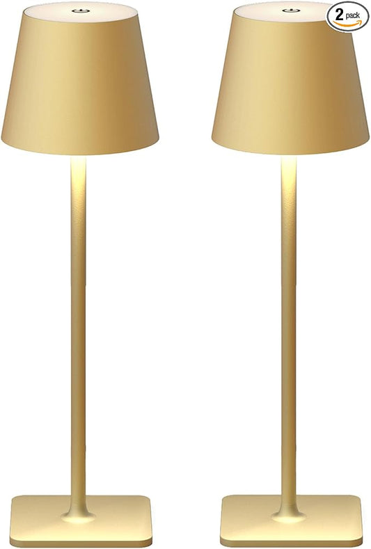 2 Pack Rechargeable Table Lamps, Gold Cordless Lamps - Battery Operated Touch Lamp, Outdoor Table Lights, Waterproof, Wireless, Portable Desk Lamp for Restaurant, Bedroom, Patio(Gold)