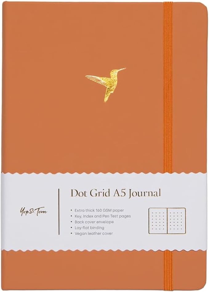 Yop & Tom Bullet Dotted Journal (A5) - Hummingbird - Dot Grid Notebook With Extra Thick Paper (160 GSM) - Burnt Orange