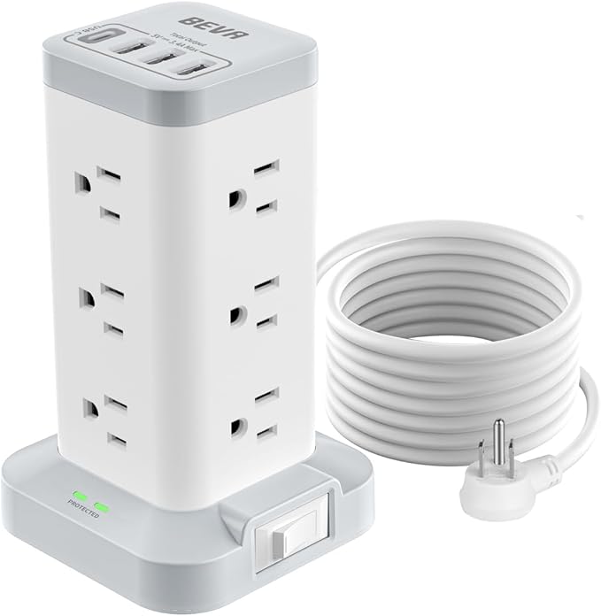 BEVA Power Strip Tower with USB Ports, 6.5 FT Surge Protector Power Tower, 12 AC and 4 USB Ports, 6.5 FT Extension Cord with Multiple Outlets, Office Supplies Office Organization