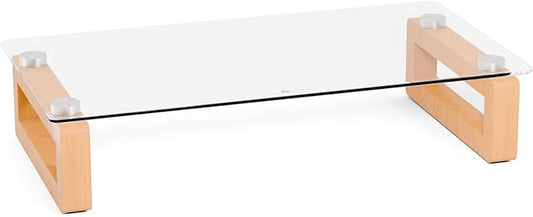 YEOUX Multi-Purpose Desktop Stand, Clear Floating Computer Monitor Riser with Natural Wood Base, Desk Organization Shelf for Printer, Laptop, Audio Device, Flat Screen