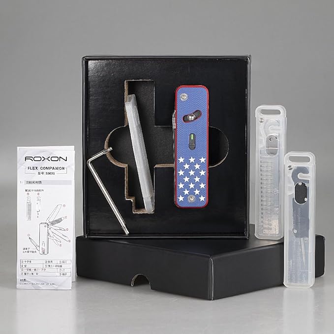 ROXON S503G Flex Companion Tool Modular Design and Adjustable Pocket Tool, Pre-Installed with 8 Essential Tools (1/4" Bit Driver, D2 Blade, Screwdriver, Taper Saw, Scissors, etc.)(US Version)