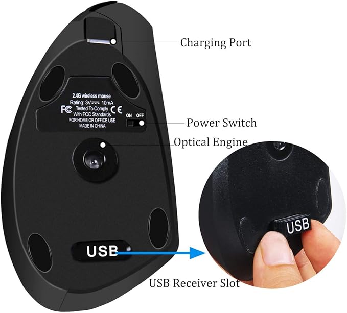 More&Better Ergonomic Wireless Mouse - Rechargeable 2.4G Optical Vertical Mice, 800 / 1200 /1600 DPI, 5 Buttons for Laptop, Desktop, PC, MacBook, gray black ergonomic mouse