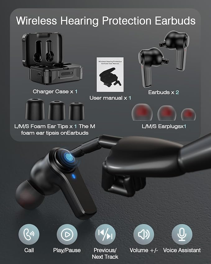 29dB SNR Wireless Earbuds Bluetooth 5.4, 70H Playtime Military IPX6 Waterproof Headphones, 66ft Range Sport Earphones for Construction Running Gym