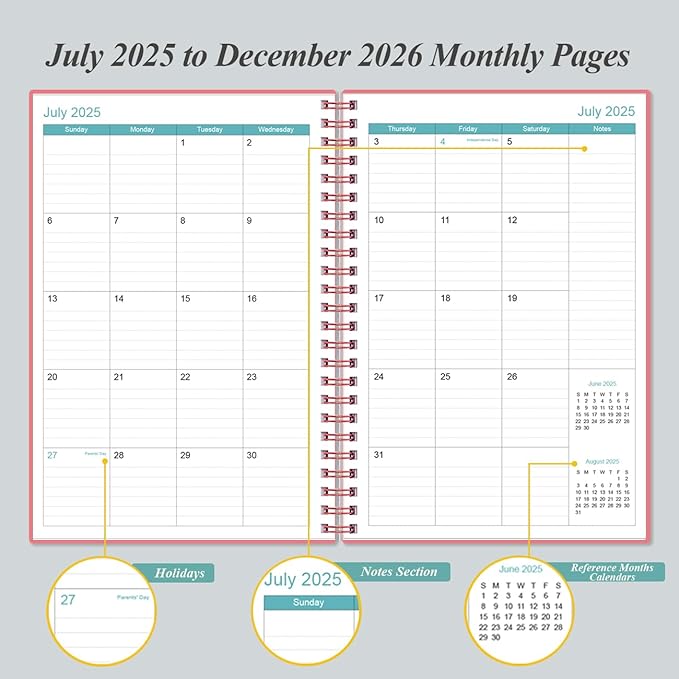 2025-2026 Planner - 18 Months Weekly & Monthly Planner from July 2025 - December 2026, Spiral Planner 2025-2026 with Elastic Closure, Inner Pocket, Medium 5.8" x 8.3",Pink