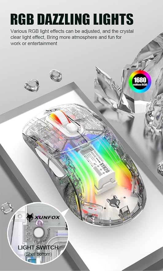 Bluetooth Wireless Mouse, Transparent RGB Mechanical Dual Mode Gaming Mouse, A Must-Have Cool USB Computer Mouse for Gaming and Esports