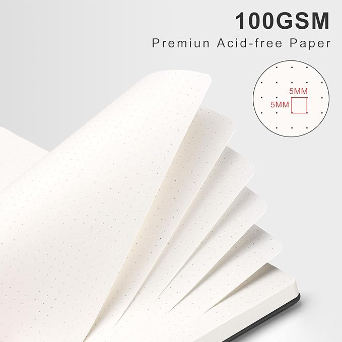 RETTACY Bullet Dotted Journal Notebook, 140 Pages, B5 Medium Size (7.6" × 10"), Leather Hardcover, 100 GSM Thick Paper, Spiral-bound, for Bullet Journaling, Planning, Tracking (Black)