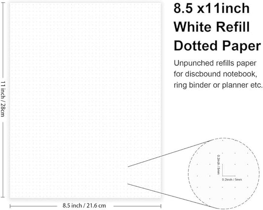 Unpunched Refills Paper, Letter Size Loose Leaf Paper for Ring Binder/Discbound Notebook Planner Inserts, 100 Sheets/200 Pages, White, Dot Grid, 8.5 X 11 Inch