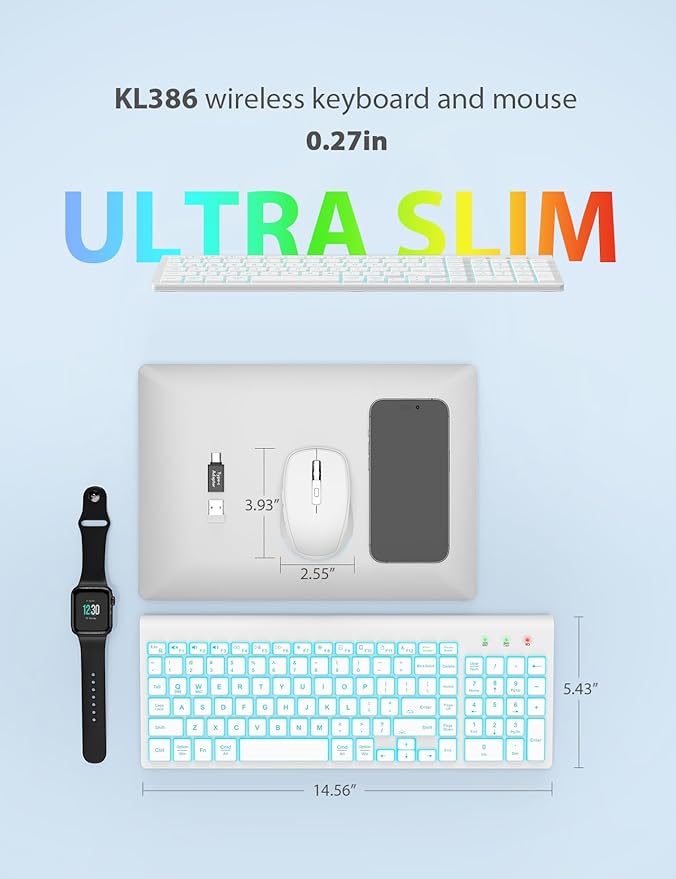 SABLUTE Wireless Keyboard and Mouse Combo Backlit - Compact Quiet Keyboard with RGB Mouse, Rechargeable, Slim, Sleep Mode, Portable Cordless Keyboard Mouse Set for Mac, Windows, Laptop (Polar White)