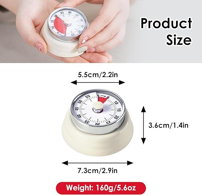 Visual Timer, Teeloray 60-Minute Countdown Timer, Kitchen Timer with Magnetic Base, Mechanical Clockwork, Ringer Alert, Time Management Tool for Children and Adults, Study/Work/Cooking (White)