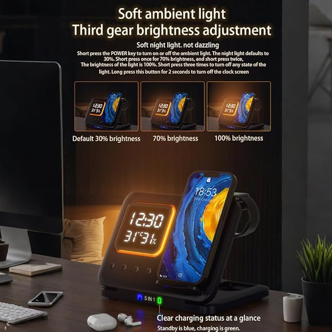 IHAO 5in1 Multi Functional Wireless Charging Station with Digital Clock 15W Fast Charge Night Light Temperature Display Wireless Charger for All Qi Phone and TWS Headphone Compliant with i-Watch