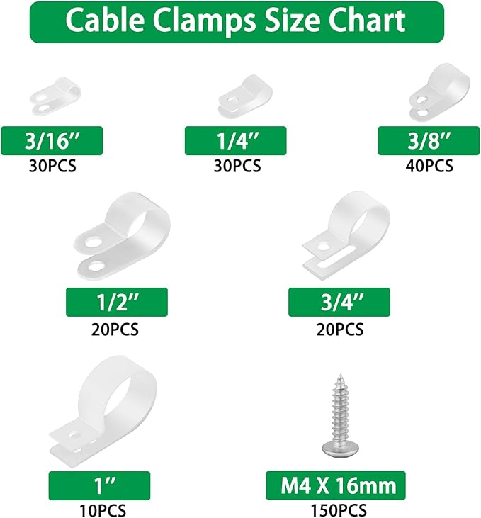 300PCS White Cable Clamps Assortment Kit, Nylon Plastic R-Type 6 Sizes 3/16'' 1/4'' 3/8'' 1/2'' 3/4'' 1'' Cable Mounting Wire Clips Fastener with M4 Screws for Wire Management