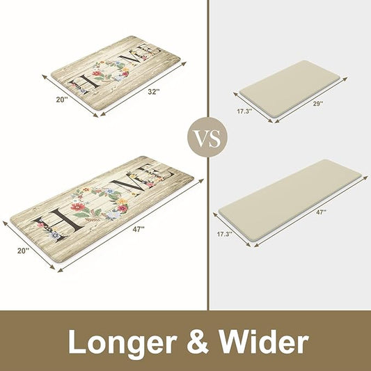 KIMODE Anti Fatigue Mats for Kitchen Floor,Farmhouse Floral Rugs Sets of 2,Cushioned Carpet Non Slip,Wide Memory Foam Runner for Bathroom Sink Laundry Office,Beige 20"x47"+20"x32"