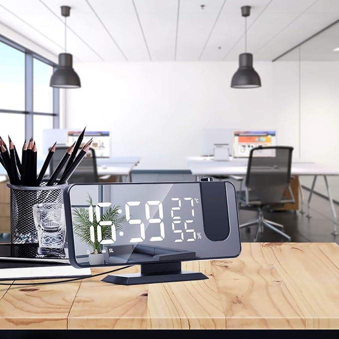 Projection Alarm Clock for Bedroom Ceiling Digital Radio with USB Charger Ports, 7.3" Large LED Screen, 4 Dimmer, Dual Alarm Clock with 2 Sounds, Snooze, Black