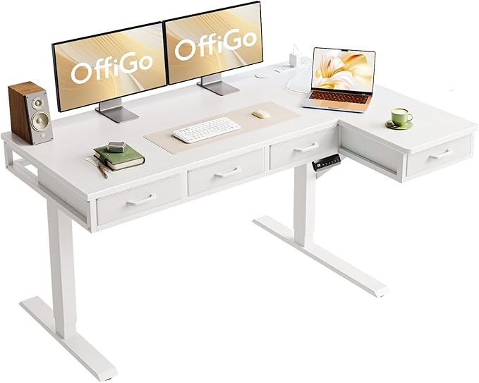 OffiGo 55 Inch L Shaped Electric Standing Desk with Drawers, Height Adjustable Large Desk with Power Outlets, Sit Stand Table, Writing Computer Desk for Home, Office, Workstation, White