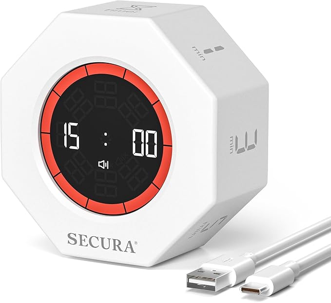 Secura Pomodoro Timer, Rotating Cube Time Tracker, Flip Gravity Sensor with 7 Presets(1/3/5/10/15/30/60 Minutes), Visual Progress Bar for ADHD, Kids, Tasks, Work, Study (White)