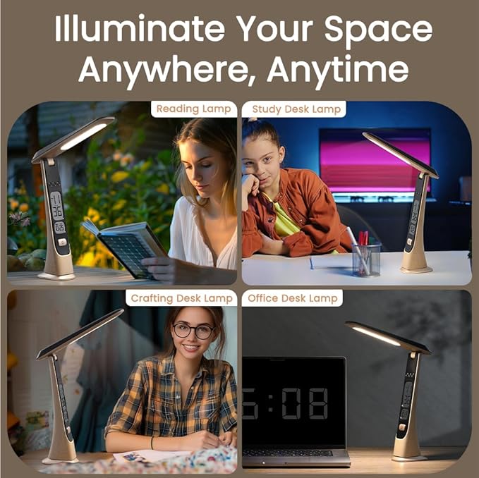 WILIT Rechargeable Lamps Cordless Table Lamp, Foldable Portable Desk Lamp, Battery Operated Lights with Stepless Brightness&Time Display for Home Office, Book Lights, Desk Accesories, Tea White