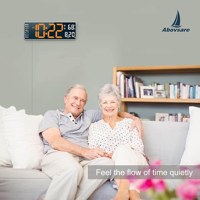 Digital Clock, Digital Wall Clock for Living Room Decor, Desk Alarm Clock for Bedroom, Large Wall Clock with Remote Control, Automatic Brightness Dimmer LED Clock with Date Temperature Week (Orange-W)