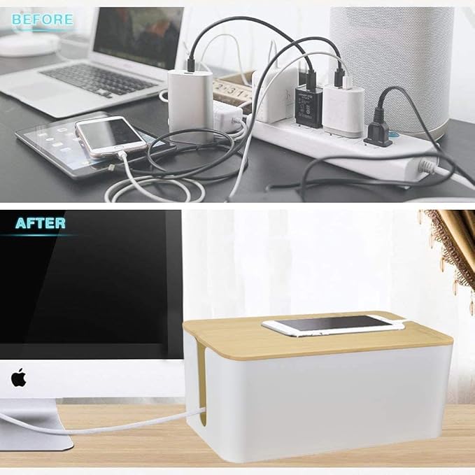 Cable Management Organizer Box, 2 Pack Large Storage Bamboo Lid Wires Concealer Holder for Office Desk, Home, Kitchen, TV, Computer, Cover Hide Tidy Surge Protector Power Strips & Cords (White)