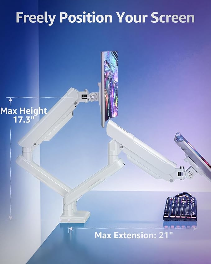 Dual Monitor Mount for 32 27 24 22inch Screens, Gas Spring Monitor Stand for 2 Monitor, Full Adjustable Monitors Desk Mount with C-Clamp&Grommet Base, Each Arm Holds 4.4-22 lbs, Freelift Pro White