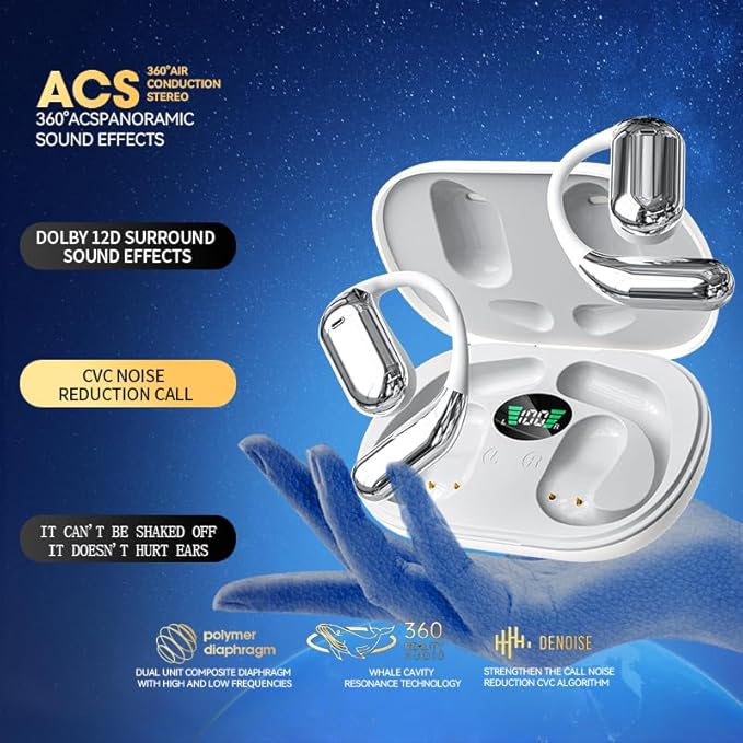 Wireless Earbuds Bluetooth Earbuds Built-in Mic with Ear Hooks 50H Playtime Ear Buds LED Display Charging Case Waterproof Design for Running Fitness (White)