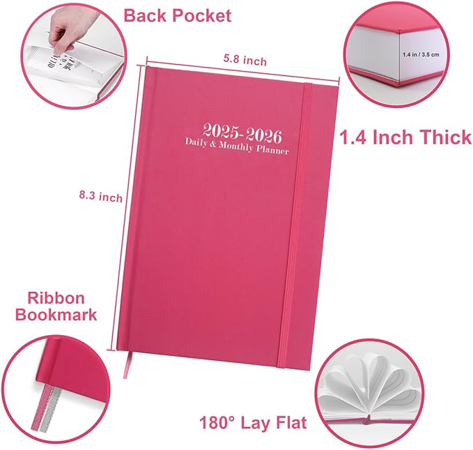 2025-2026 Daily & Monthly Planner - 2025 2026 Academic Year Planner One Page Per Day from July 2025 to June 2026, Hourly Appointment Book Perfect Organizer Daily Life, Fabric Cover, 5.8'' x 8.3'', Pink