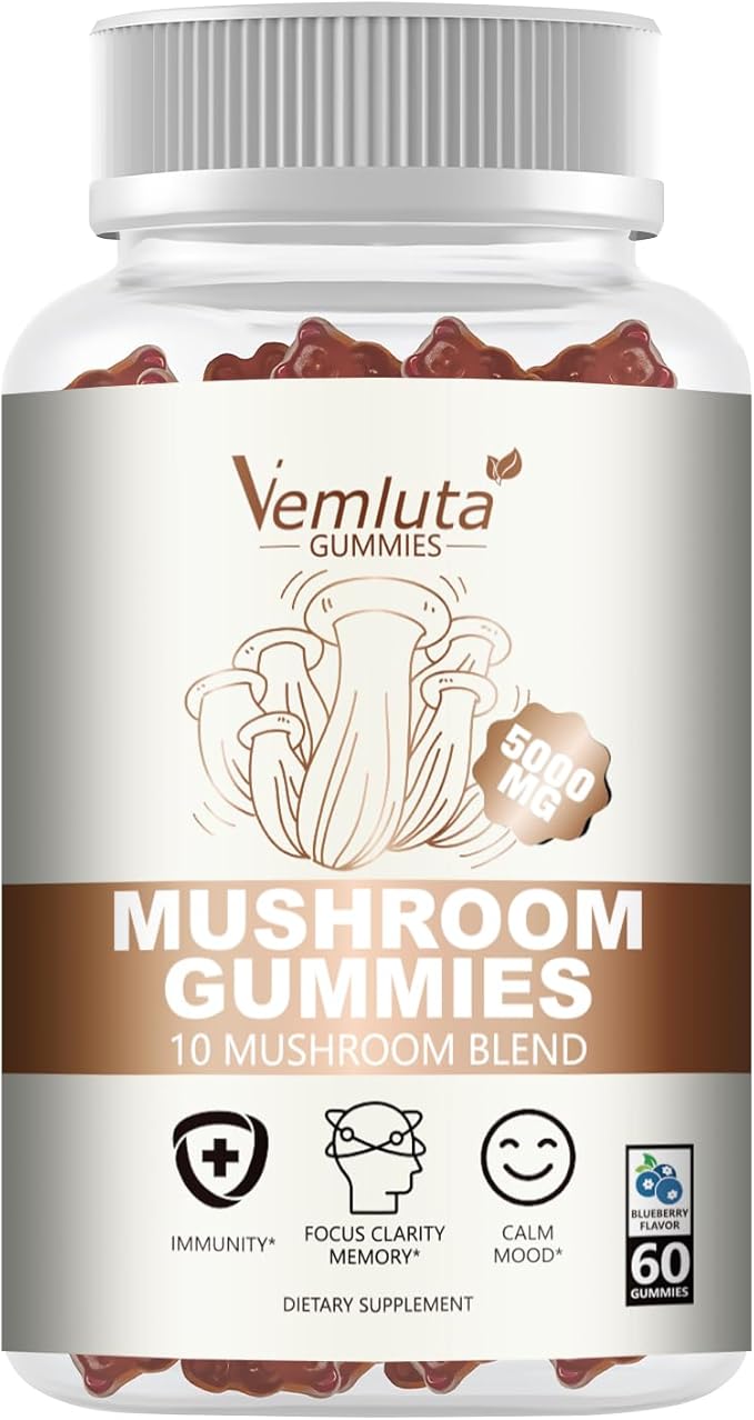 1 Pack 5000MG Mushroom Gummies -10 Blend Organic Mushroom Supplement containing Lion's Mane and Reishi for Brain and Immune Boosting, Blueberry Flavor, Non-GMO, 60 Counts