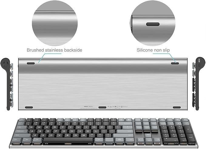 Arteck Mechanical 2.4G USB Wireless Performance Keyboard, Tacktile Quiet Brown Switches, Stainless Steel Low Profile for PC/Desktop/Laptop/TV and Windows 11/10 Built in Rechargeable Battery Gray