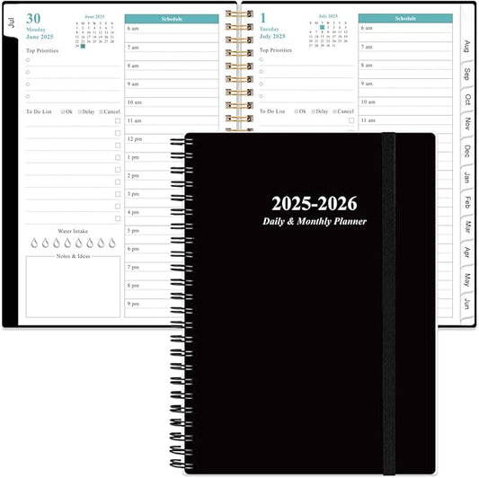 2025-2026 Daily & Monthly Planner - One Page Per Day, Daily Planner from July 2025 to June 2026, Planner 2025-2026 with 12 Monthly Tabs, 6.4" x 8.5", Black