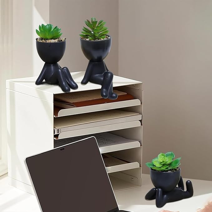 Zerzsy 3 PCS Cute Artificial Succulent Plants with Creative Human Shaped Pots, Mini Potted Plants, Faux Succulent Desk Decor for Home Office Shelf Decor (Matte Black)