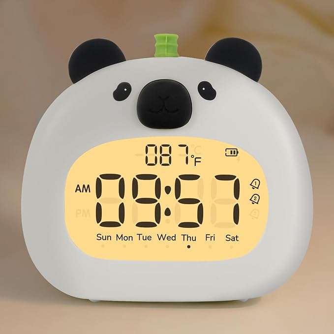 Panda Alarm Clock with Night Light for Kids – Cute Digital Sleep Trainer with LED Display, 3 Alarms, Countdown Timer, Adjustable Brightness – Rechargeable Bedside Clock for Boys and Girls