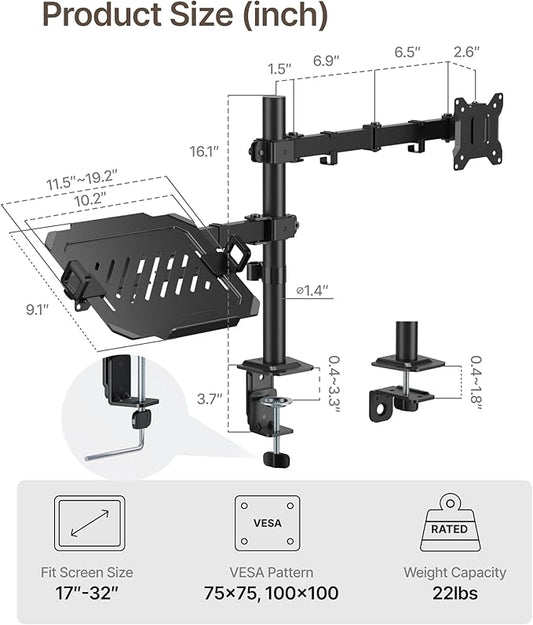 monTEK Monitor Mount and Laptop Stand for Desk, Adjustable Height Monitor Arm Fit up to 32 inch Screen and 17 inch Laptop, Hold up to 22lbs Weight, C-Clamp and Grommet
