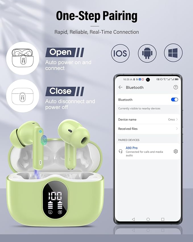 Wireless Earbuds, Bluetooth 5.4 Headphones Bass Stereo, Ear Buds with Noise Cancelling Mic, IP7 Waterproof in Ear Earphones, 36H LED Display Bluetooth Earbuds for Laptop Pad Phones Sports, Grass Green