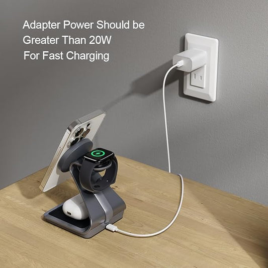 3 in 1 Charging Station for Apple Multiple Devices, Aluminum Magnetic Wireless Charger Stand for iPhone 16/15/14/13/12 Series, Wireless Chargers Dock Stand for Apple Watch/AirPods Pro