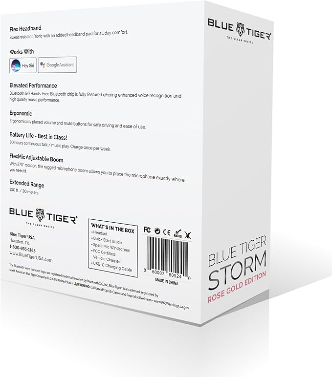 Blue Tiger Storm Rose Gold - Premium Trucker Bluetooth Headset-Wireless Noise Canceling Mono Headset with Mic -High-Fidelity Sound, 30-Hour Talk Time, USB-C Charging - For Truck Drivers, Bluetooth 5.0